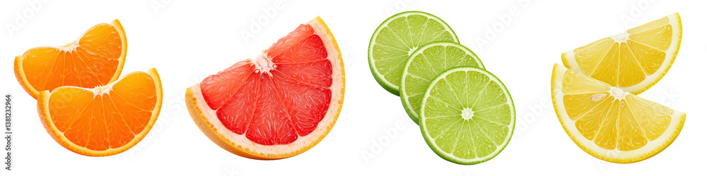 Vibrant citrus slices orange, grapefruit, lime and lemon. Vibrant citrus slices orange, grapefruit, lime and lemon.