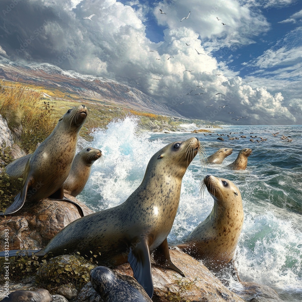 Fototapeta premium A cluster of seals is basking in the sun on a rocky coastline as ocean waves crash against the shore beneath