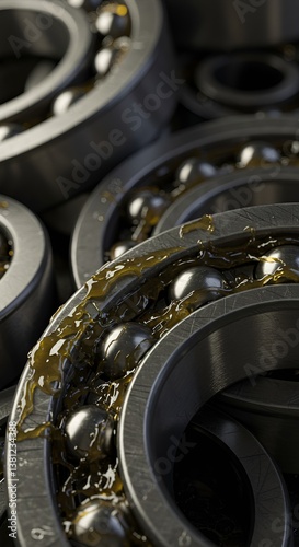 Ultra-detailed macro shot of high-precision ball bearings coated in industrial grease