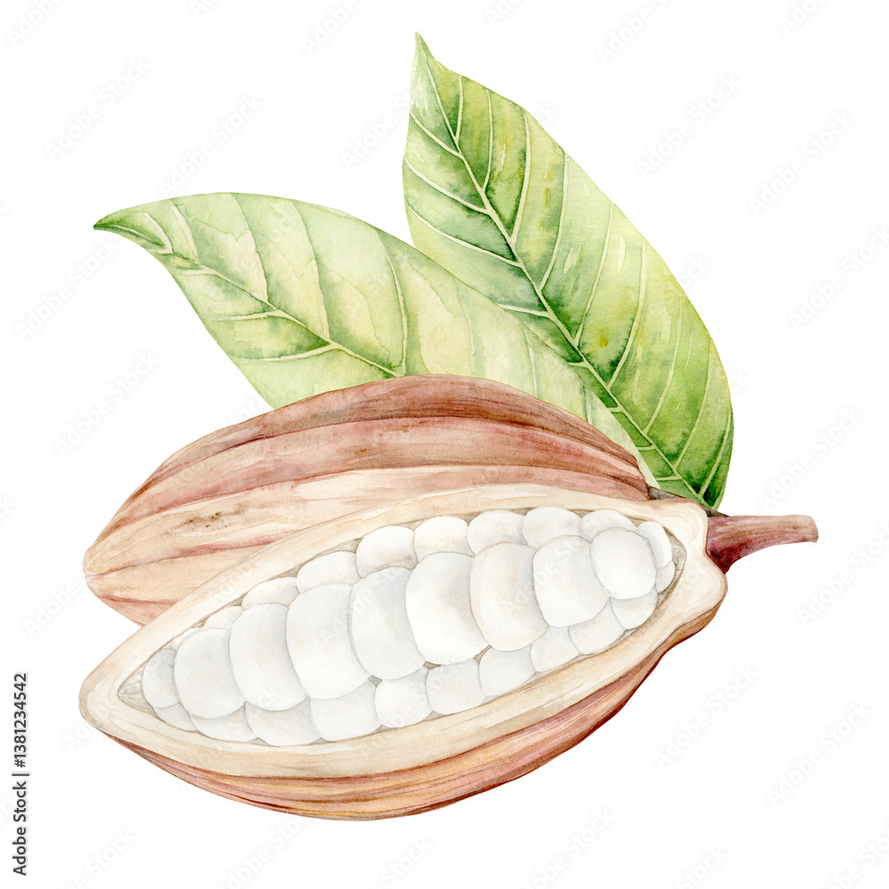 Fototapeta premium Fruits and Flowers of the chocolate tree. Cocoa beans in section. Watercolor illustration. Hand drawn chocolate tree fruits and flowers in pastel colors for packaging, textiles and botanical designs.