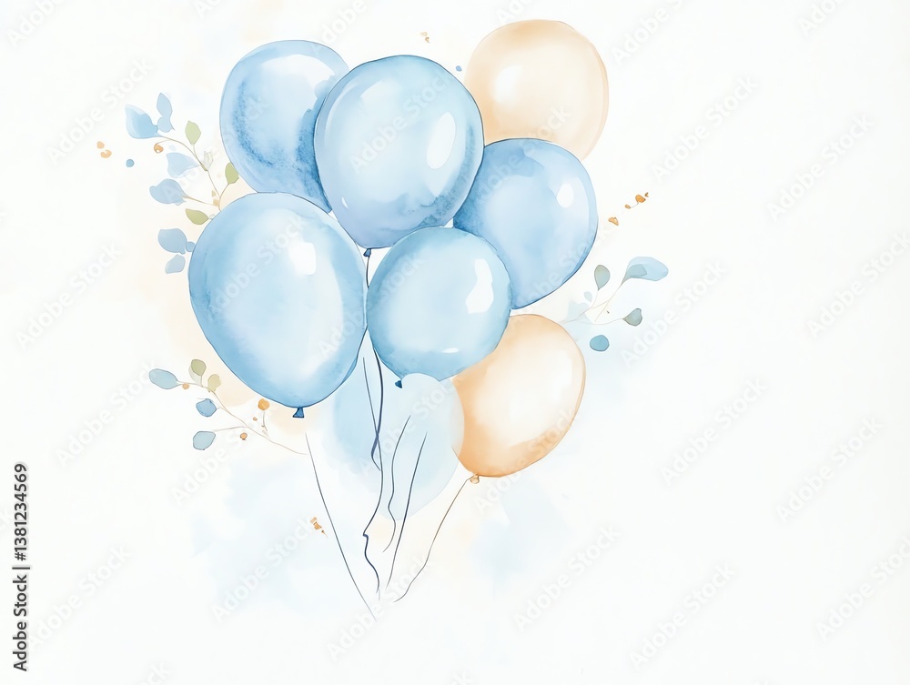 Floating Balloons Watercolor Illustration with Light Blue and Peach Accents