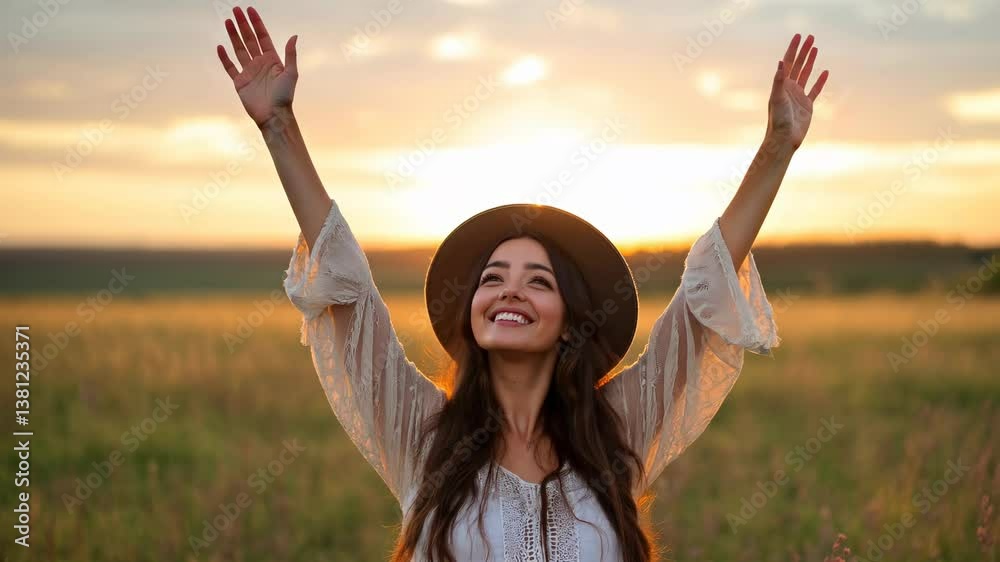 Backlit calm happy free woman with open arms enjoying a beautiful moment life on the seashore at sunset	
