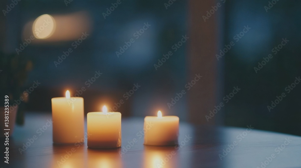 Tranquil candle arrangement on wooden table with soft glow in dim room Tranquil candle arrangement on wooden table with soft glow in dim room