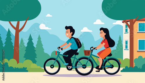 Romantic Couple Riding Bicycles Together in Nature