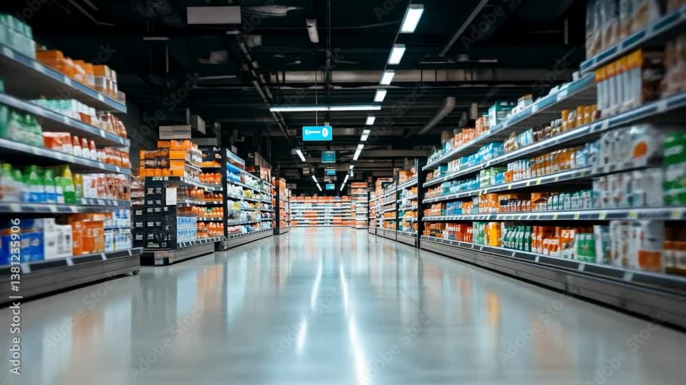A wide-angle view of a grocery store aisle filled with colorful product packaging and signage A wide-angle view of a grocery store aisle filled with colorful product packaging and signage