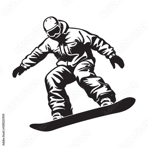 Snowboarding Stylized Symbol, Vector Silhouette, Logo Or Emblem Template isolated on white background.
