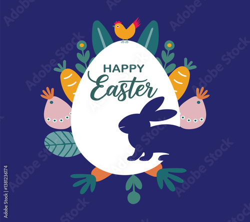 Easter Egg with Cute Animals,Happy Easter Spring Design Concept,Colorful Easter Bunny and Carrots,Easter Greeting with Floral Elements.