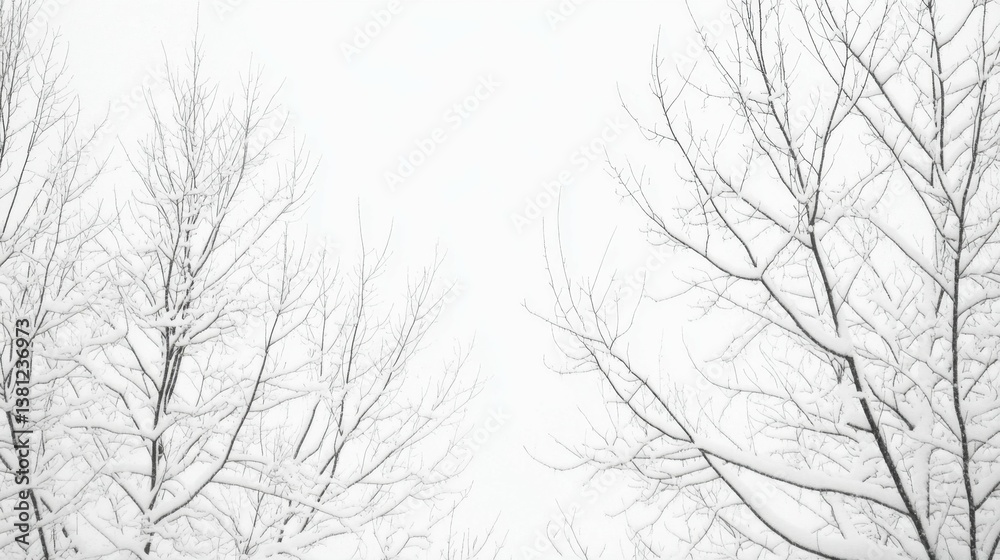 Snow-covered bare trees in winter landscape with overcast sky Snow-covered bare trees in winter landscape with overcast sky