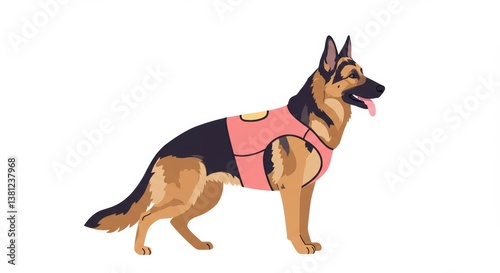 German shepherd in training vest standing on white background