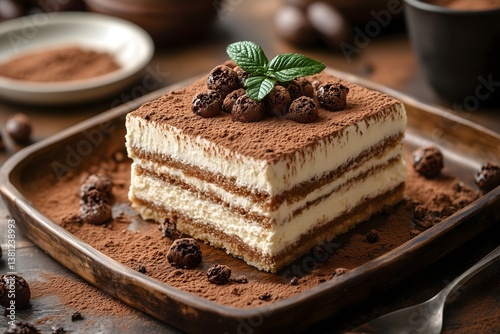 Decadent dessert tray featuring a rich chocolate tiramisu and cocoa dusting served with coffee beans