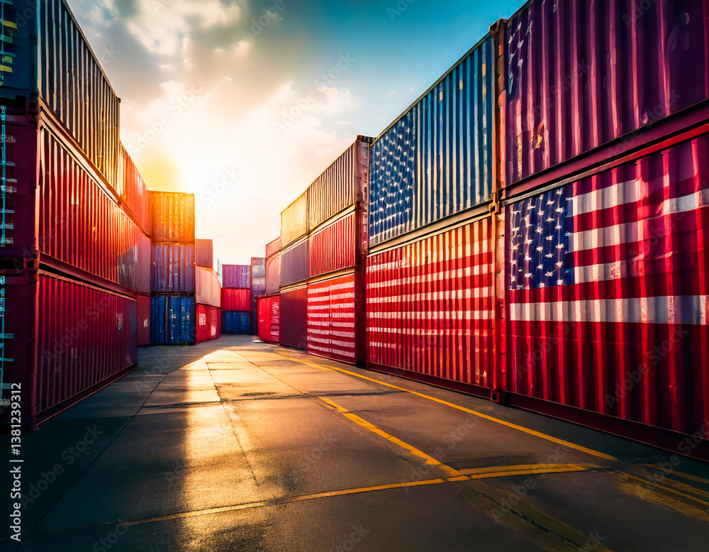 Fototapeta premium container import tariff with us flag 