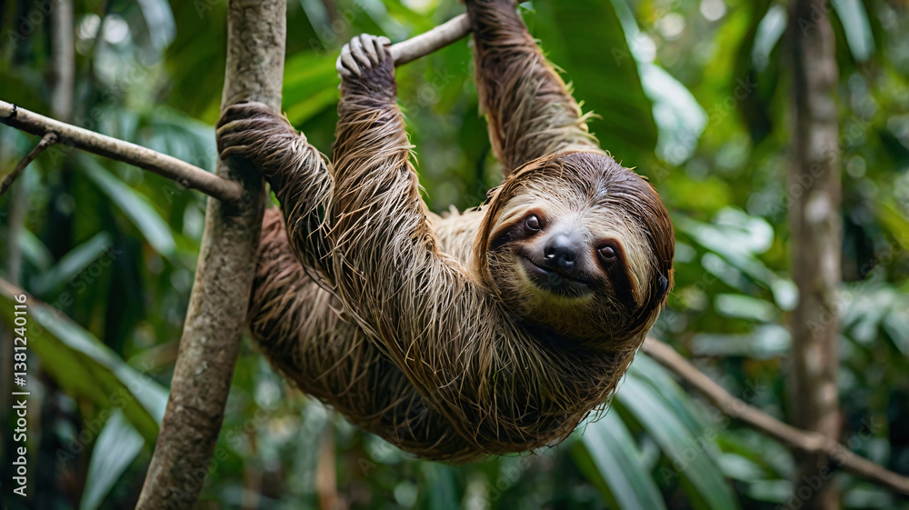 Fototapeta premium A sloth with shaggy, brown tinged fur hangs from tree branches in a lush, green rainforest.