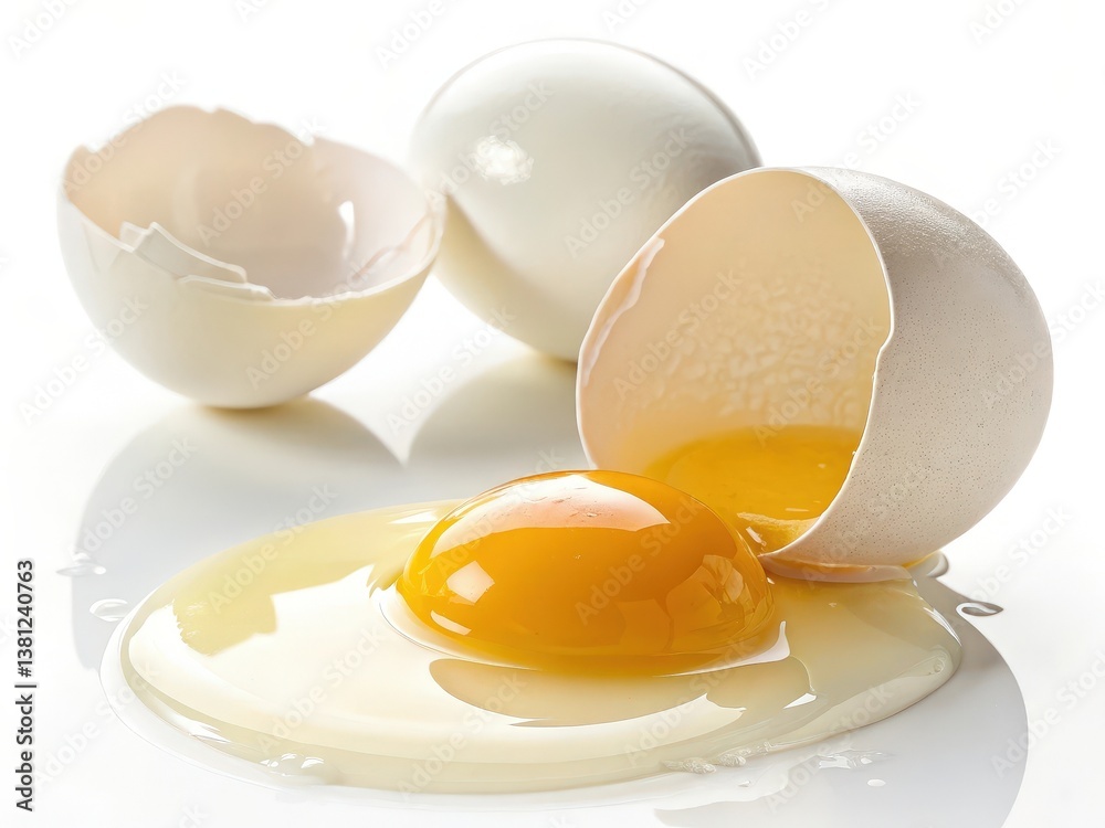 eggs with two cracked open to reveal yolks and whites. The yolks are runny and yellow, while the whites are thin and white. eggs with two cracked open to reveal yolks and whites. The yolks are runny and yellow, while the whites are thin and white.