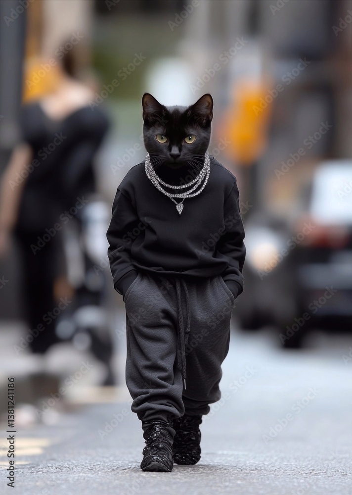 Obraz premium Cat dressed in urban streetwear walks confidently down the city street during the day