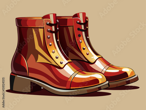 A modern vector of a pair of polished dress boots in warm mahogany, placed on a muted pastel cream background.
