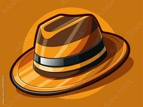 A stylish fedora hat in warm brown and black tones, placed on a muted orange background.