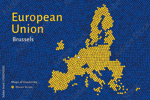 Mosaic Pattern Map of the European Union Highlighting Brussels as the Capital