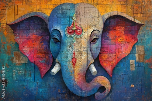 A colorful painted depiction of an elephant face art piece