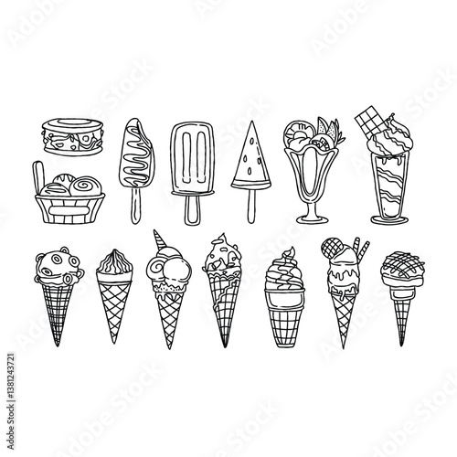 Hand drawn variety of ice cream desserts