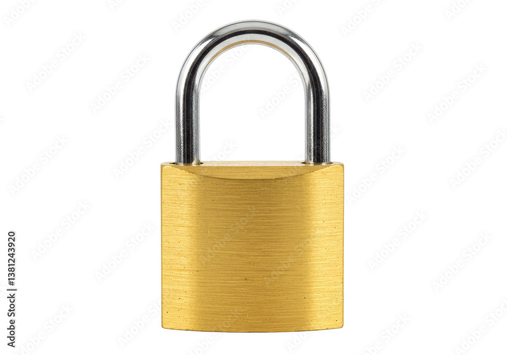 A sturdy brass padlock with a closed steel shackle, isolated on a white background. Perfect for security branding, locksmith promotions, and home safety advertisements A sturdy brass padlock with a closed steel shackle, isolated on a white background. Perfect for security branding, locksmith promotions, and home safety advertisements