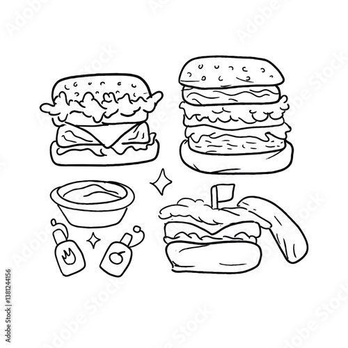 Hand-drawn burgers and condiments