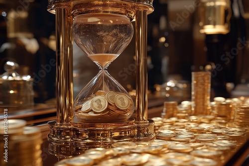 A golden hourglass filled with coins, symbolizing the importance of time in wealth accumulation and investments.