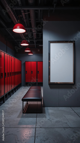 Industrial gym locker room with blank poster frame mockup for fitness branding.