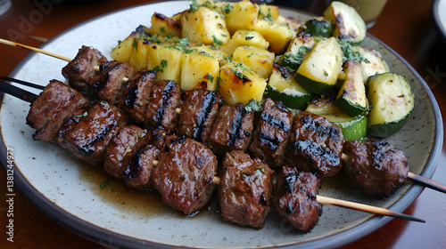 A plate of grilled skewers with seasoned beef, zucchini, and glazed pineapple.