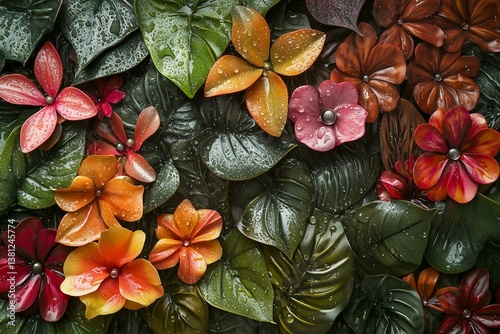 Glistening dewdrops on lush leaves and petals, highlighting morning freshness and rich natural vegetation.

