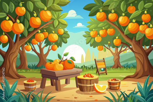 vector of A background of an orange orchard with fruits hanging from the trees, wooden table in the foreground, product presentation concept highlighting healthy and...