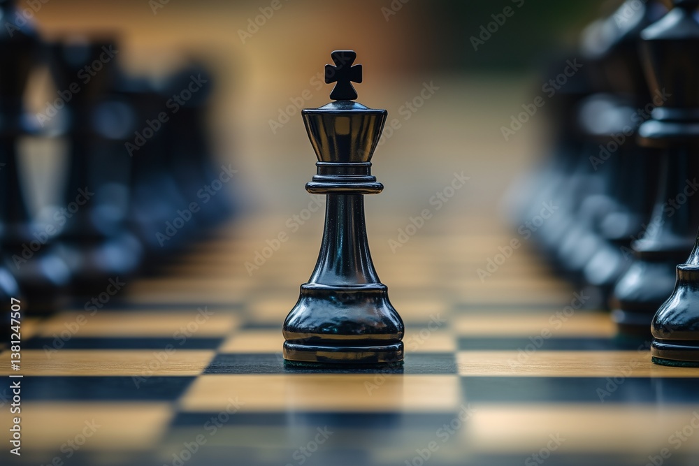 Chessboard with unique financial-themed piece symbolizing strategy, risk analysis, and planning in modern business.