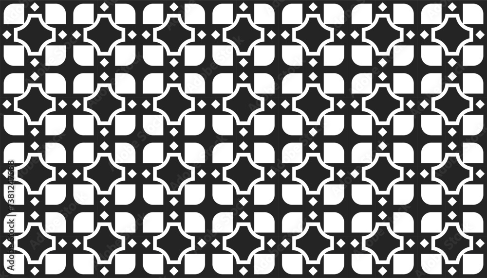Naklejka premium Seamless Islamic-inspired geometric pattern in black and white. Clean and elegant vector background ideal for traditional decor, Ramadan designs, and Islamic art projects
