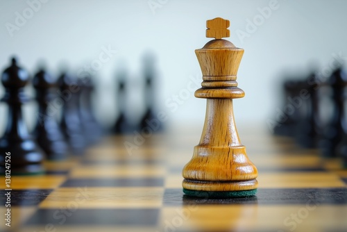 Chessboard with unique financial-themed piece symbolizing strategy, risk analysis, and planning in modern business.