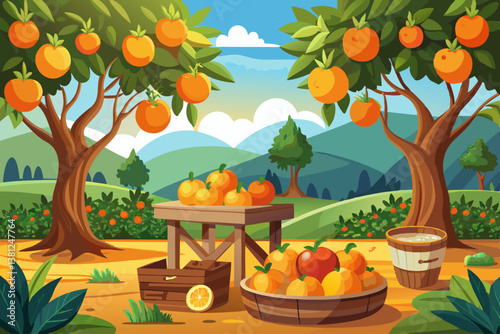 vector of A background of an orange orchard with fruits hanging from the trees, wooden table in the foreground, product presentation concept highlighting healthy and...