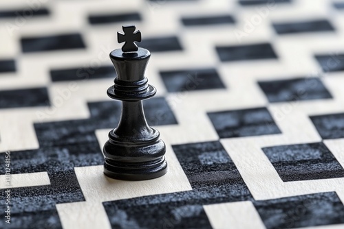 Chessboard with unique financial-themed piece symbolizing strategy, risk analysis, and planning in modern business.