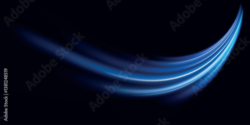 Blue wind waves effect. Abstract light motion trails with sparkles isolated on black background. Light blue Twirl. Curve light effect of blue line. Luminous blue circle. 