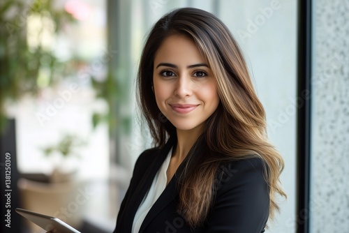 Smiling young Hispanic businesswoman in office using tablet, confident professional executive and corporate leader.