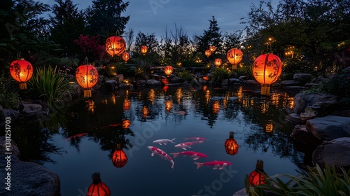 A serene koi pond with floating red lanterns and golden ornaments reflecting in the still water under a clear night sky