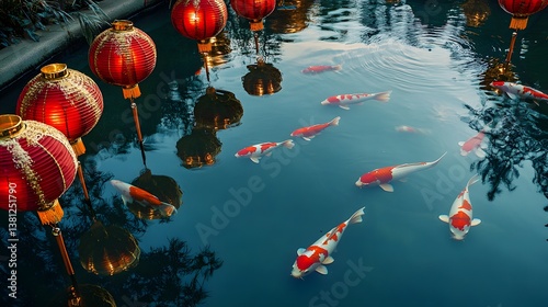 A serene koi pond with floating red lanterns and golden ornaments reflecting in the still water under a clear night sky