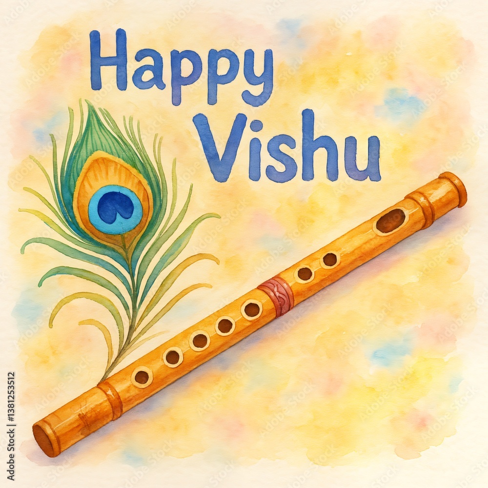 Fototapeta premium Happy vishu greeting card with peacock feather and flute