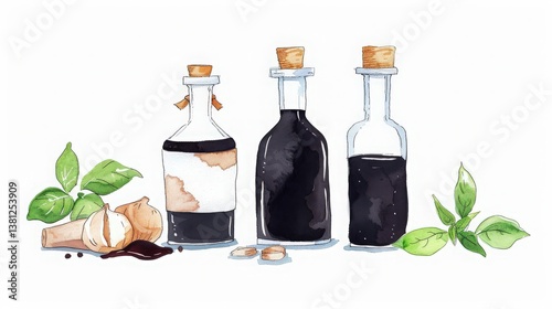 Balsamic Vinegar Bottles Watercolor Illustration, Three balsamic vinegar bottles with basil and garlic.