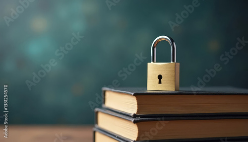 A stack of books secured with a metal padlock, representing copyright protection, intellectual property, and secured knowledge. 