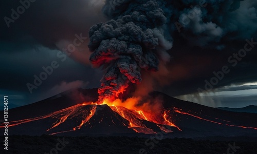 Dramatic volcanic eruption spewing fiery lava and thick ash clouds into the dark night sky. Glowing molten rocks cascading down the slopes, with flashes of lightning within the ash plume 