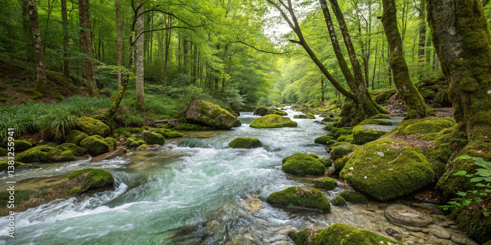 Obraz premium A Cool Stream Flowing Through a Dense Forest