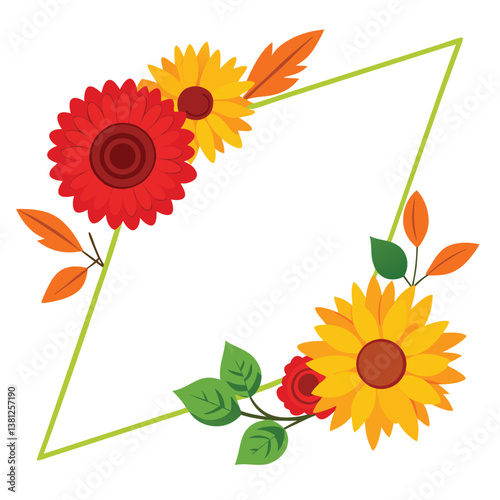 Yellow sunflower frame with summer floral leaf design