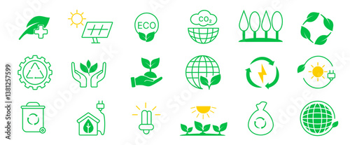 Ecology icon set. Environment, sustainability, nature, recycle, renewable energy; electric bike, eco-friendly, forest, wind power, green symbol. Solid icons vector collection.
