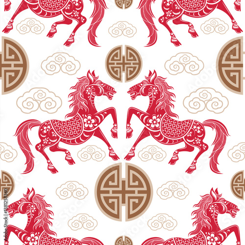 Seamless pattern happy chinese new year 2026 the horse zodiac sign with asian elements paper cut style on color background. ( Translation : happy new year 2026 year of the horse )