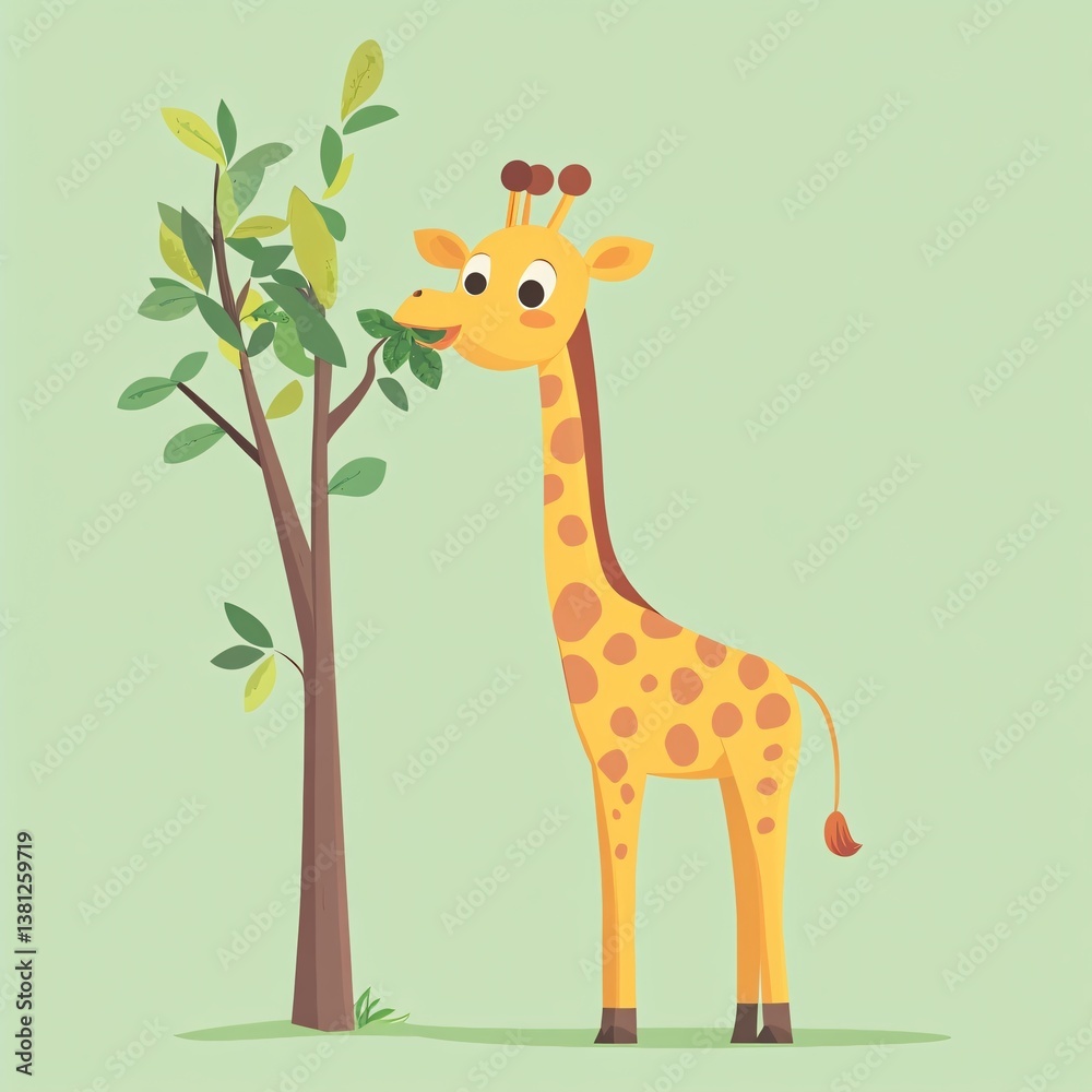 Fototapeta premium 2d cartoon giraffe eating leaves from tall tree nature scene playful environment whimsical viewpoint