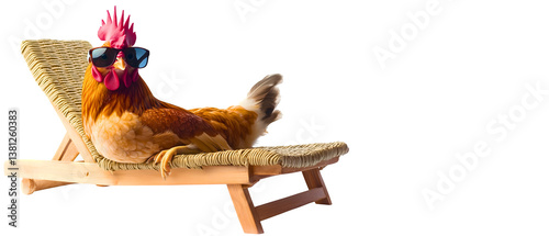easter / farming /agriculture funny holiday maker: hen in goggles on sunbed; concept of holiday break, spending vacations in hot & relaxing travel destination 