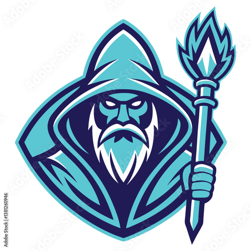 Turquoise Wizard Mascot with Staff and Hood, Modern Design on Isolated Backdrop